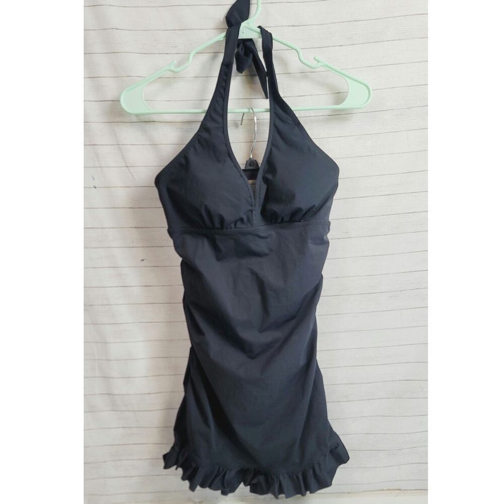 SPANX LOVE YOUR ASSESTS HALTER SWIMSUIT WITH RUFFLE SKIRT IN BLACK, SZ MEDIUM